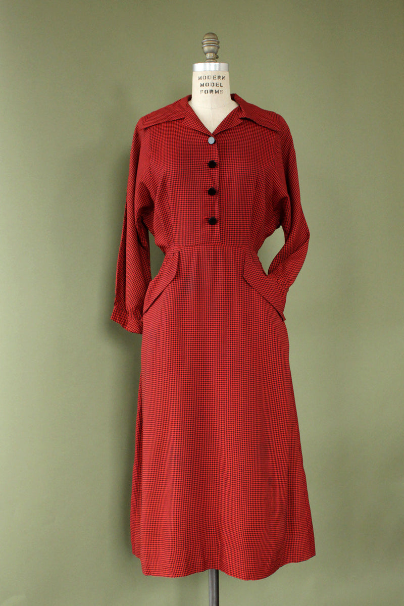 1940s Vermillion Checkered Dress L