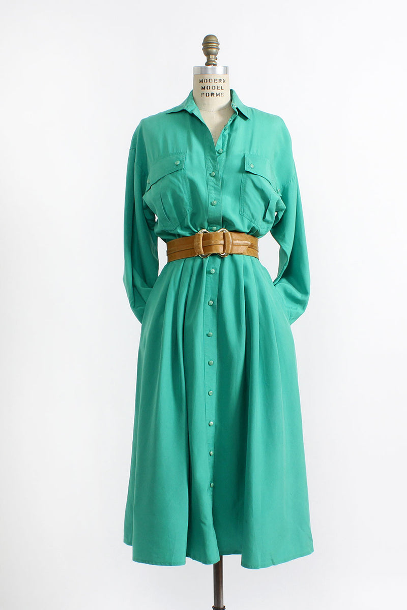 Emerald Silk Shirtdress M