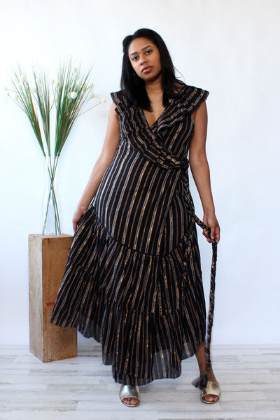 Shop Lurex stripe cotton gauze empire tiered dress