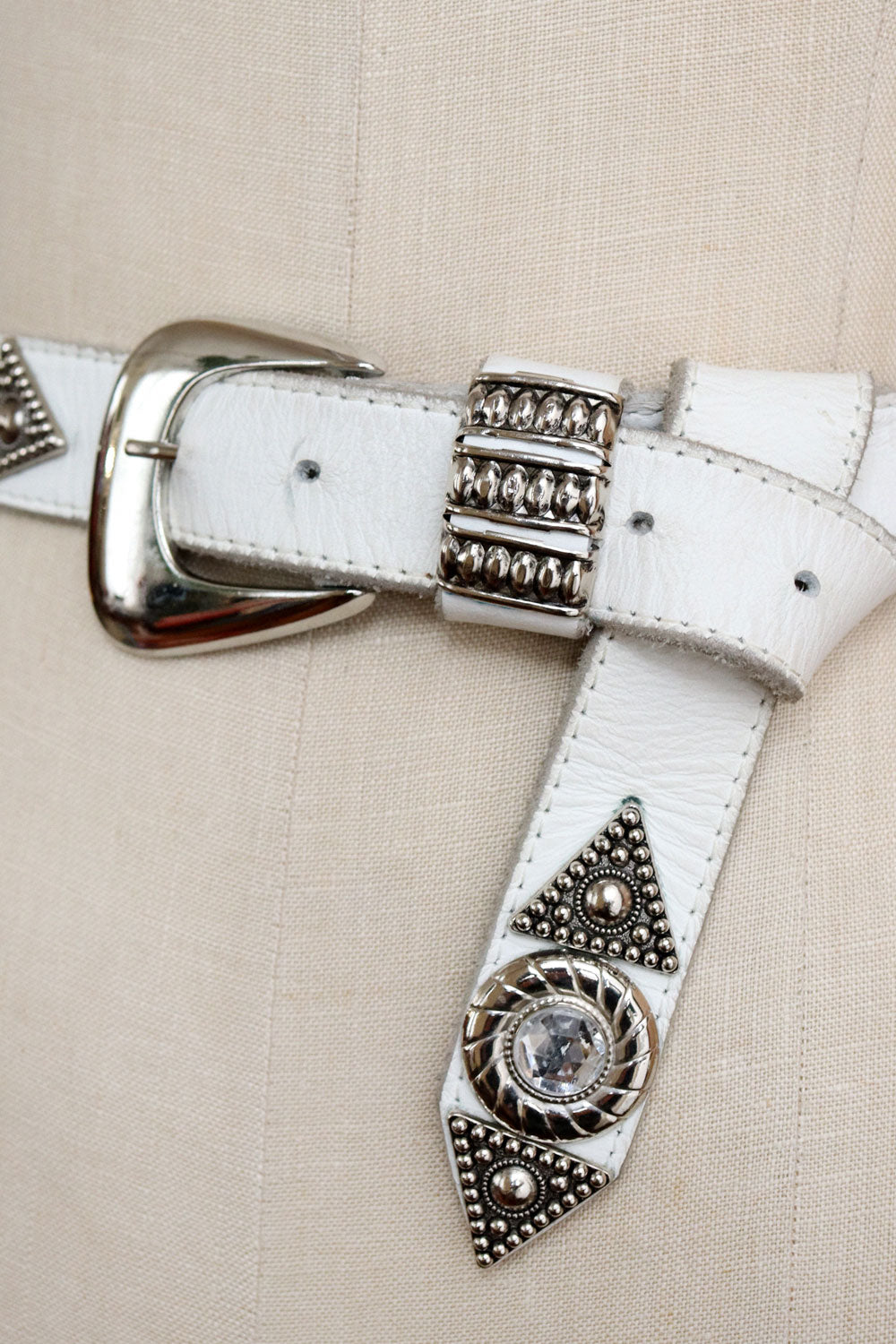 Embellished White Leather Belt