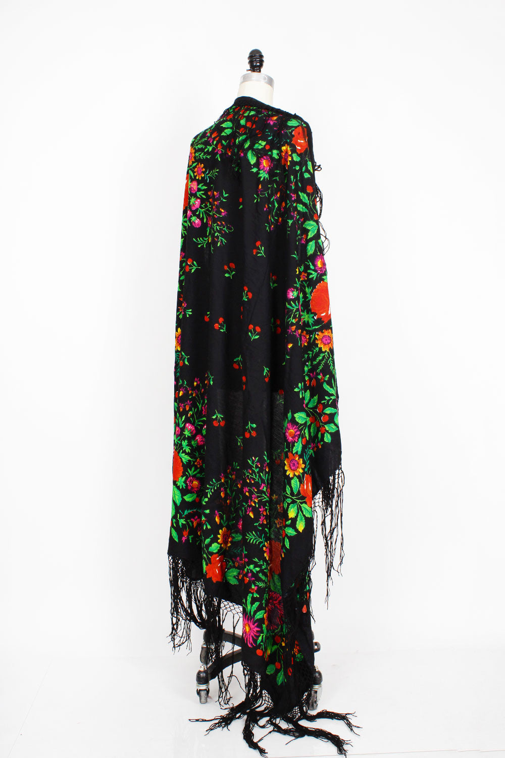 70s Black Floral Piano Shawl • XL