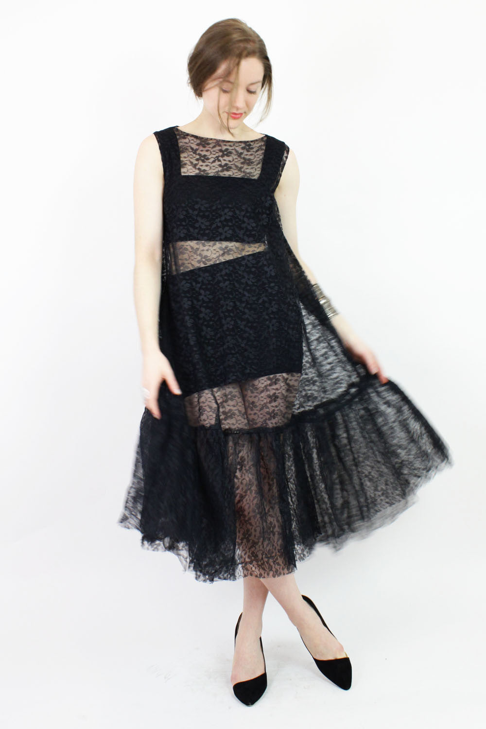 black lace trapeze dress