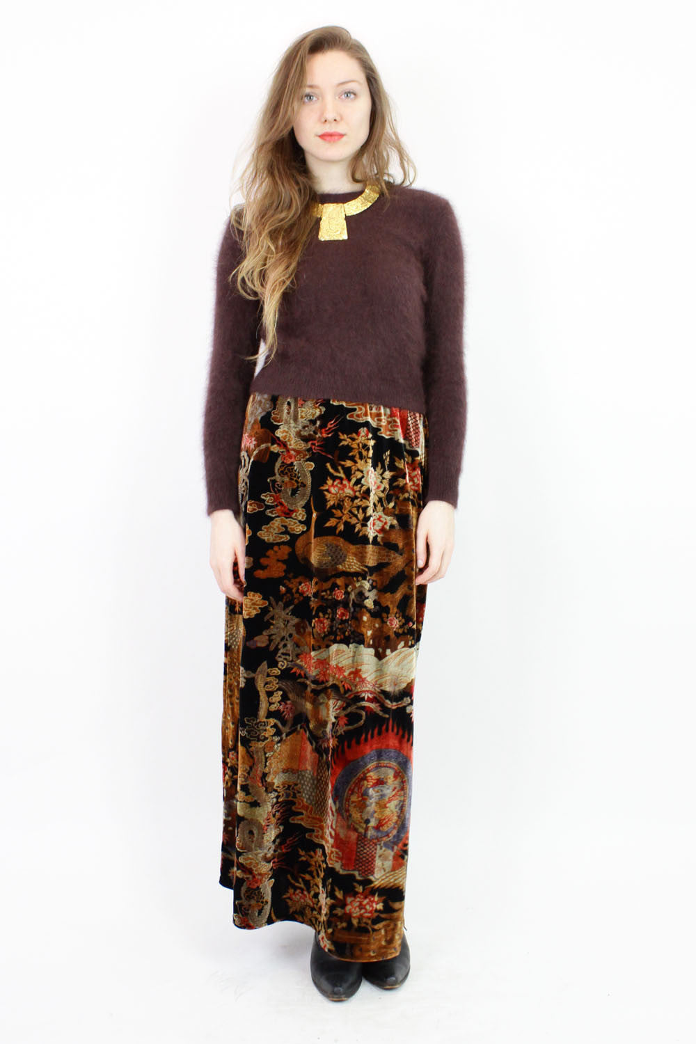 pheasant print velvet maxi skirt M