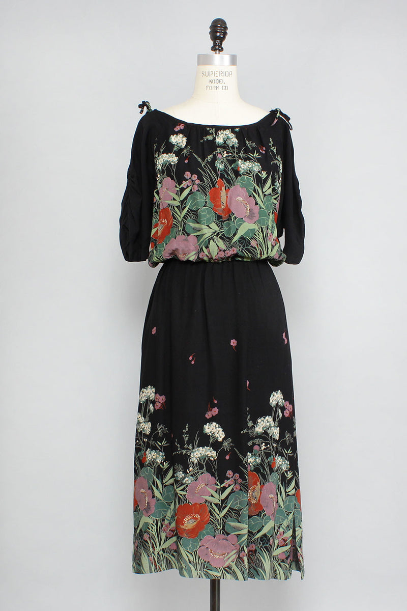 70s Black Floral Bloused Dress XS/S/M