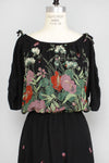 70s Black Floral Bloused Dress XS/S/M