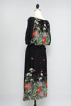 70s Black Floral Bloused Dress XS/S/M