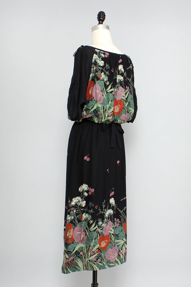 70s Black Floral Bloused Dress XS/S/M