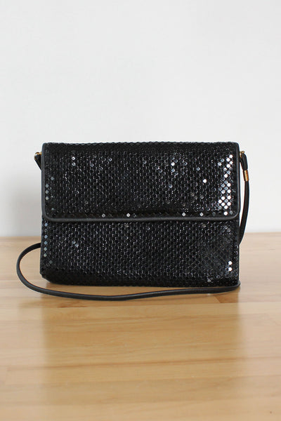 Whiting and Davis Black Pillbox Evening Bag Purse Crossbody Long Strap retailer Sample