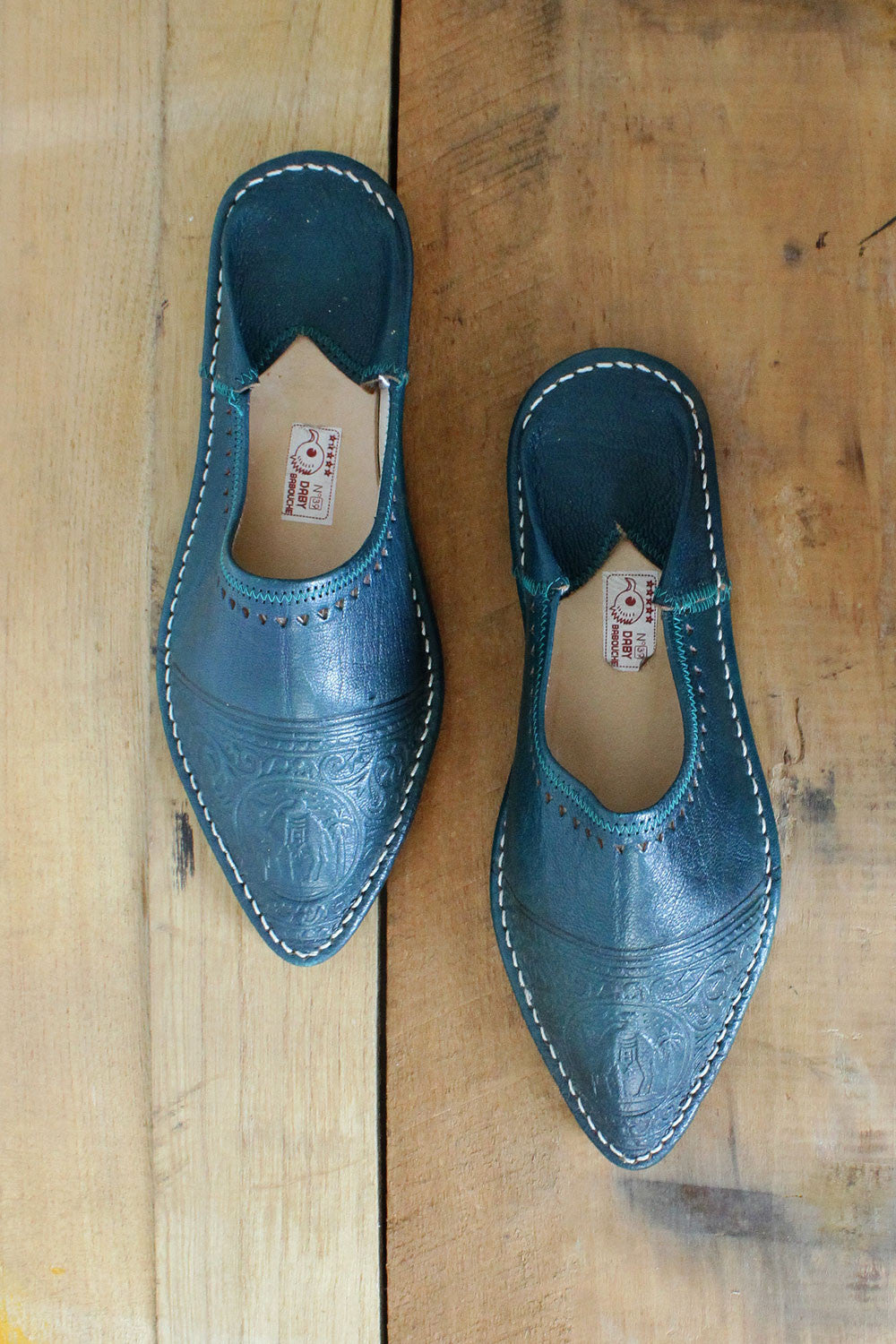 Teal Tooled Babouche Slides 7 1/2