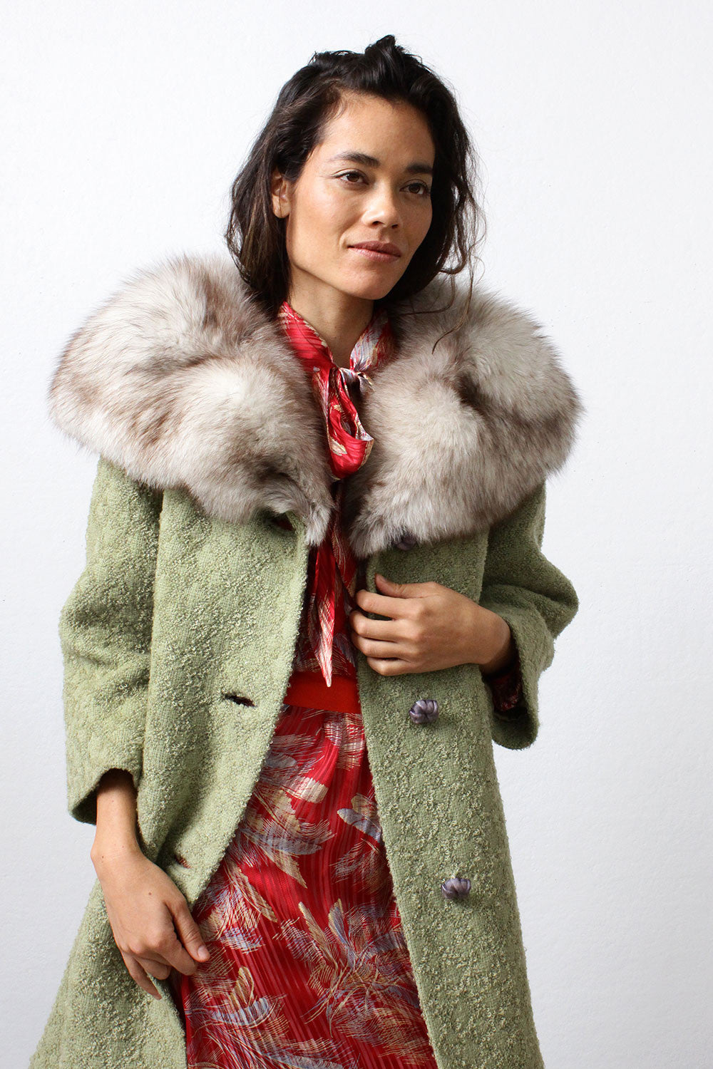 Sage Boucle Fox Fur Coat M