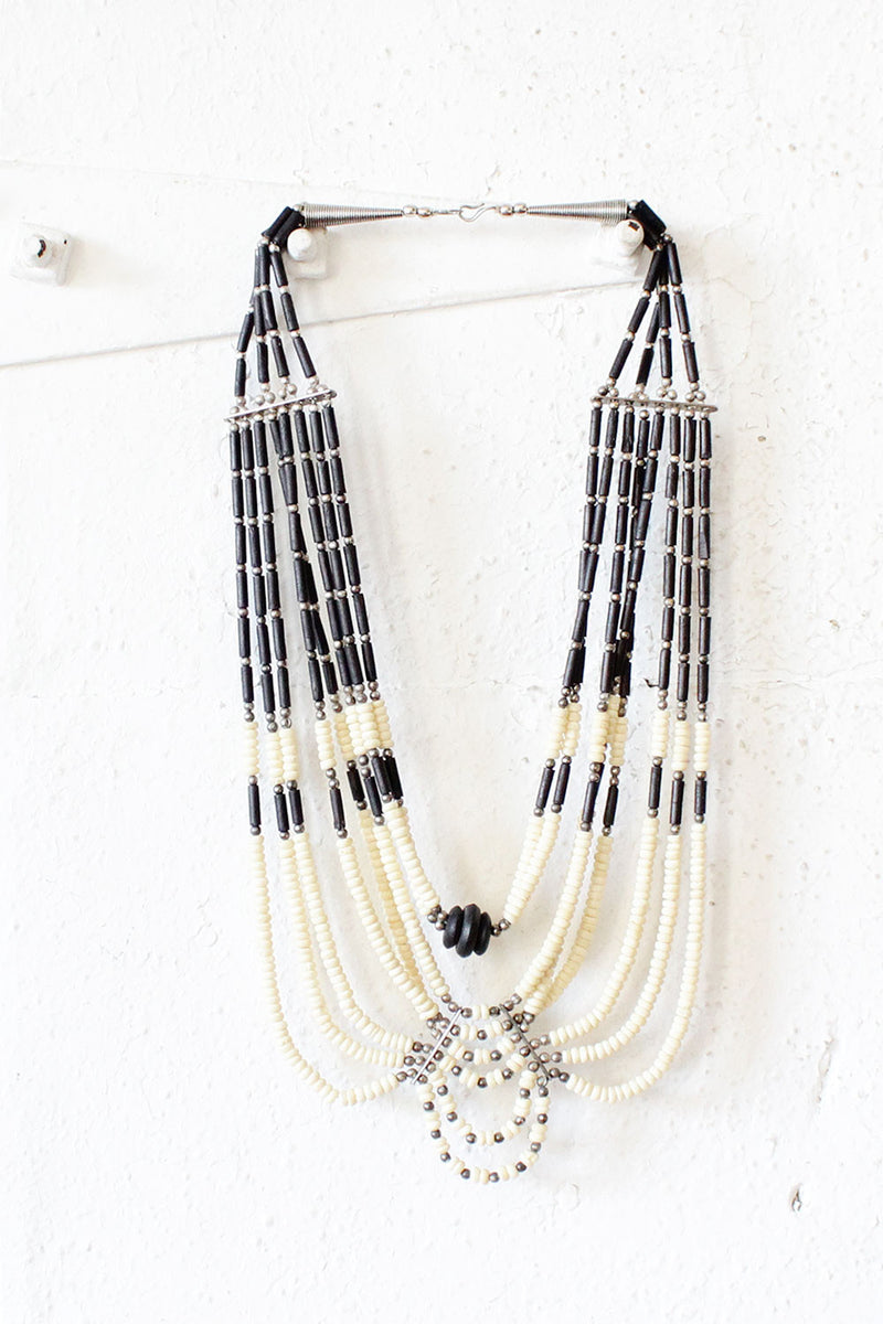 Beaded Black and White Bib Necklace