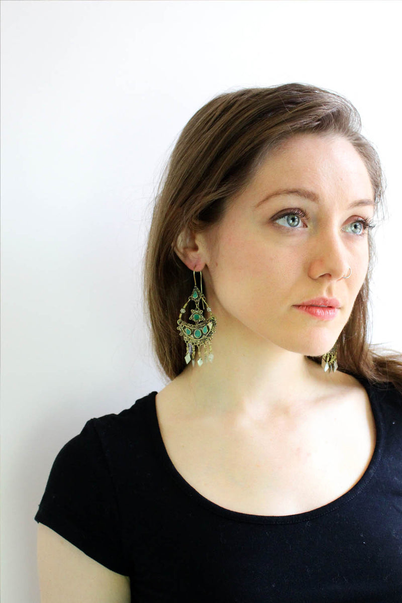 Green Tribal Crescent Earrings