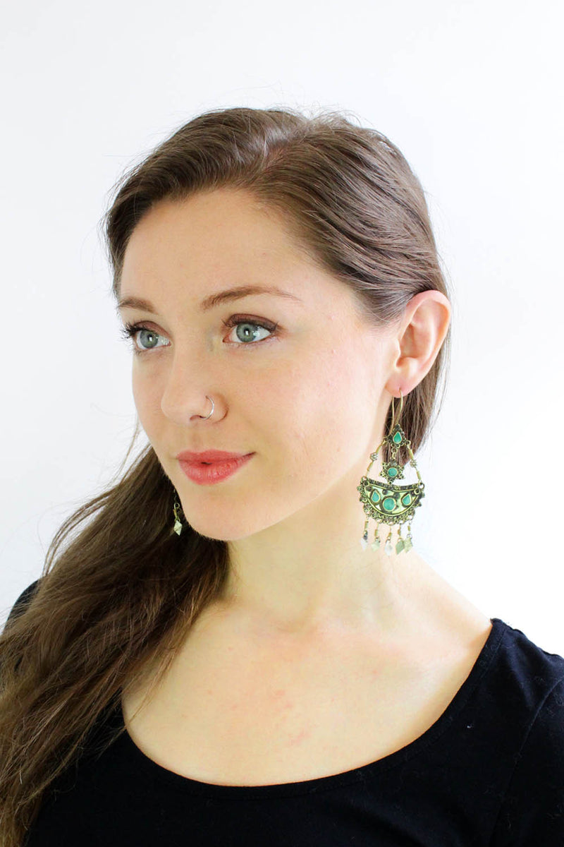 Green Tribal Crescent Earrings