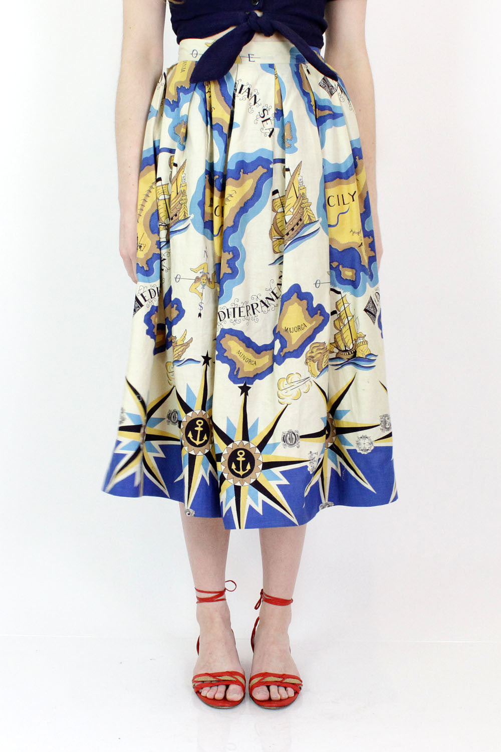 50s Mediterranean Print Full Skirt M