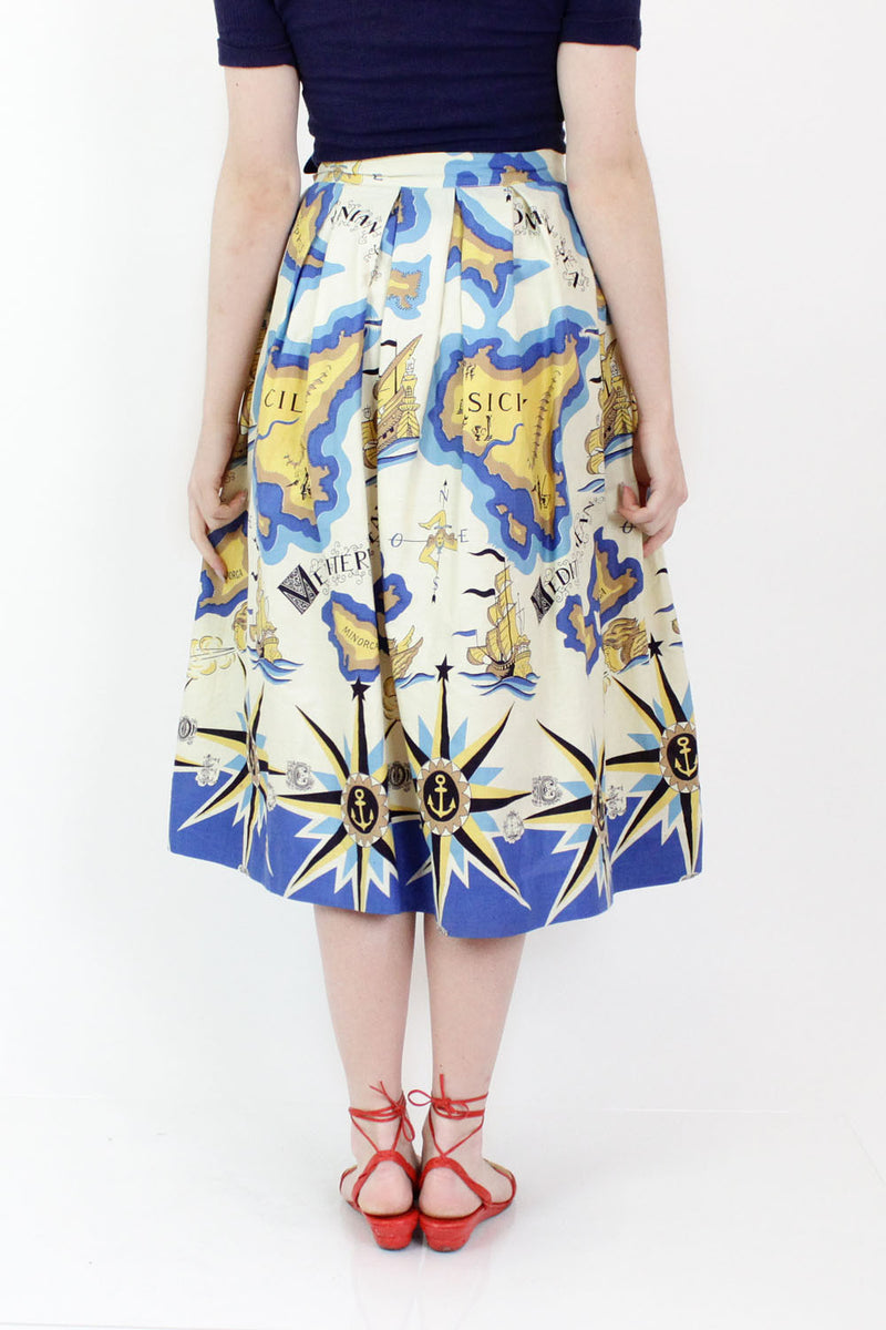 50s Mediterranean Print Full Skirt M