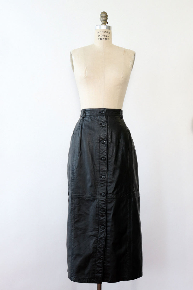 Black Leather Button Skirt L