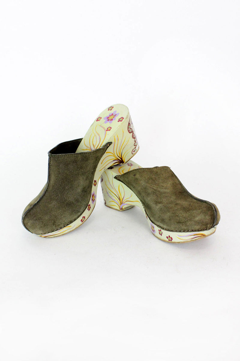 Olive Suede Clogs 8.5