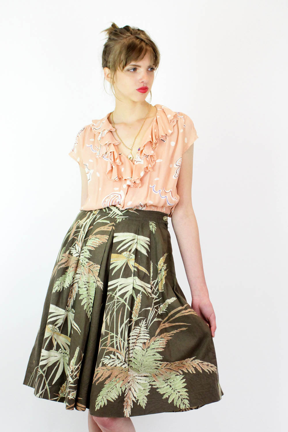 1950s Nature Print Cotton Pleated Skirt M