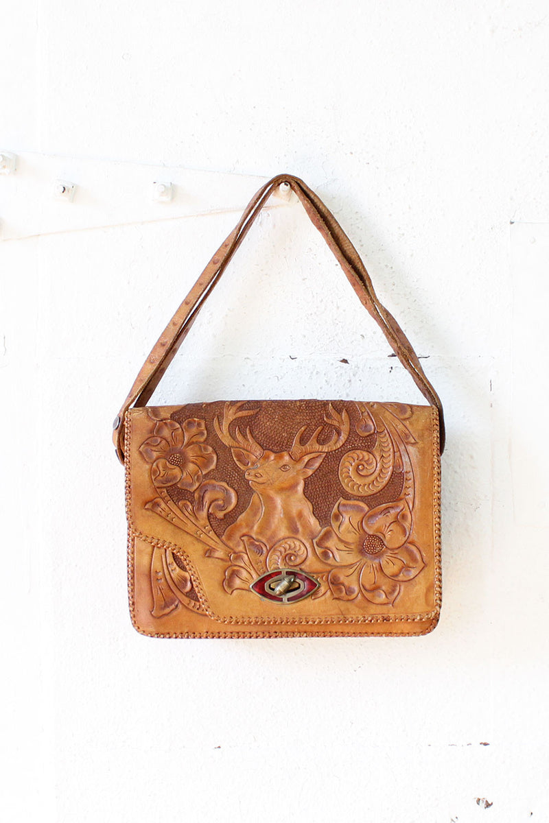 Elk Head Tooled Leather Satchel