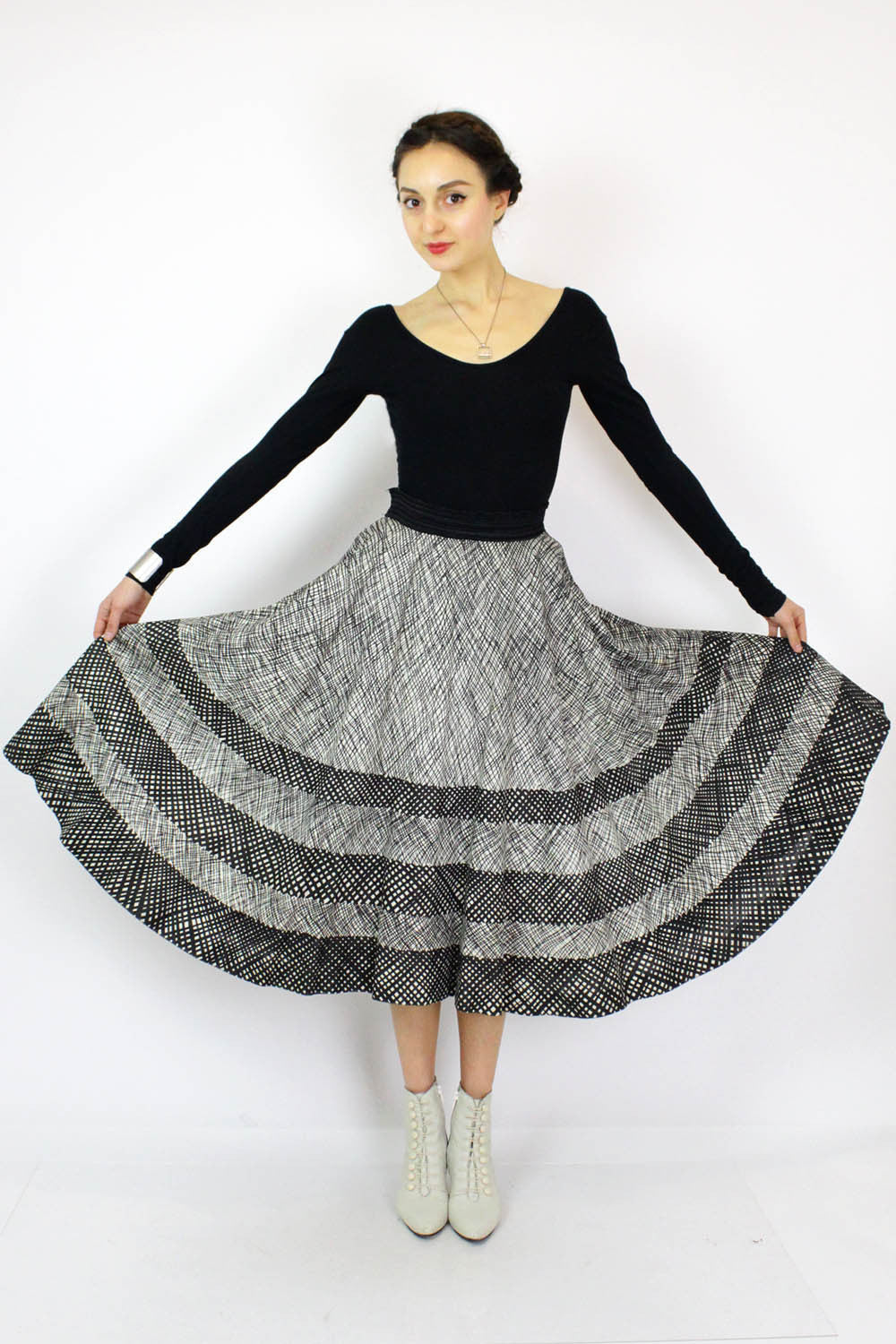 50s Abstract Print Circle Skirt L