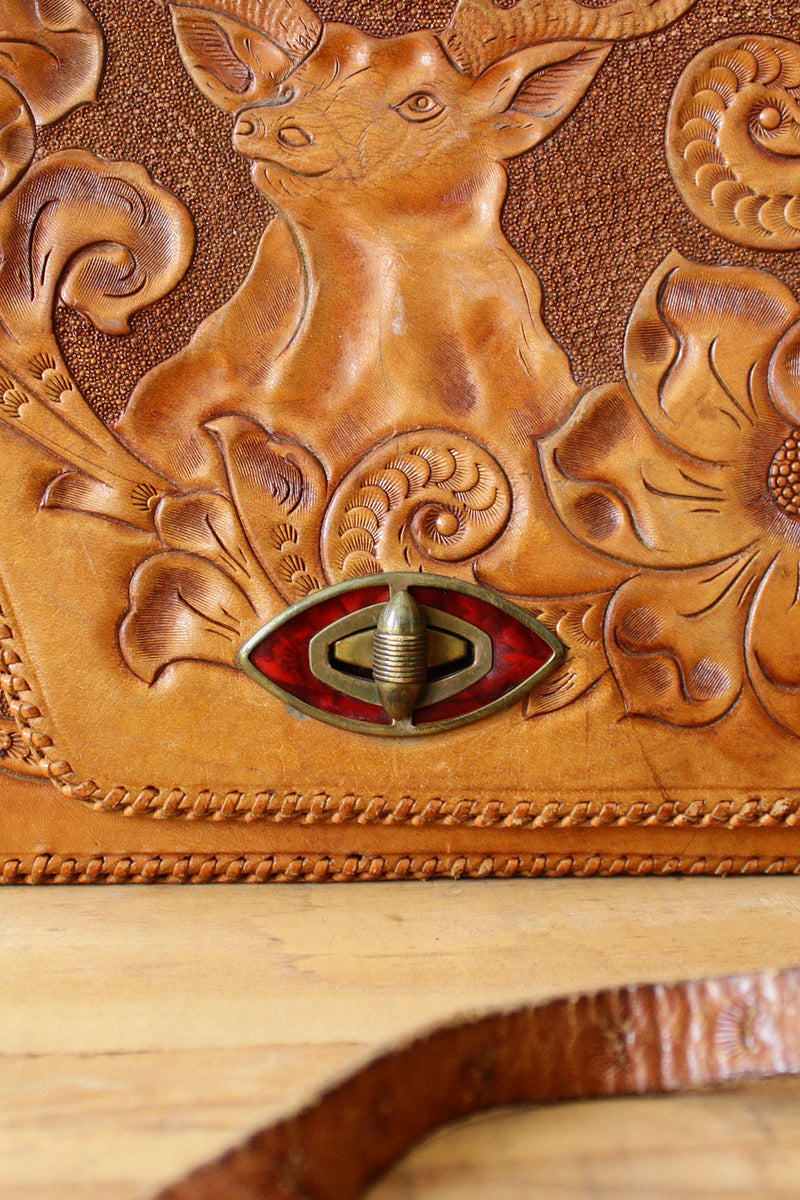 Elk Head Tooled Leather Satchel