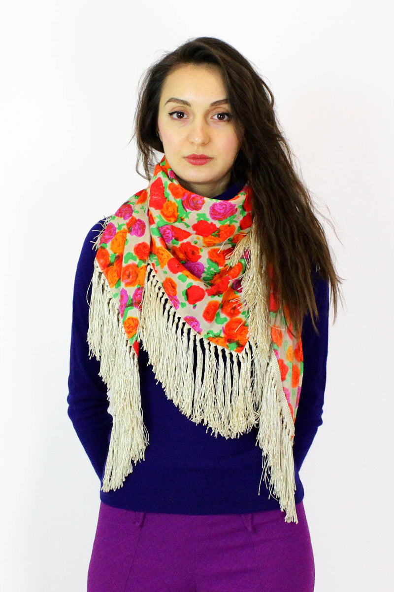 Kitschy Floral Fringe Shawl