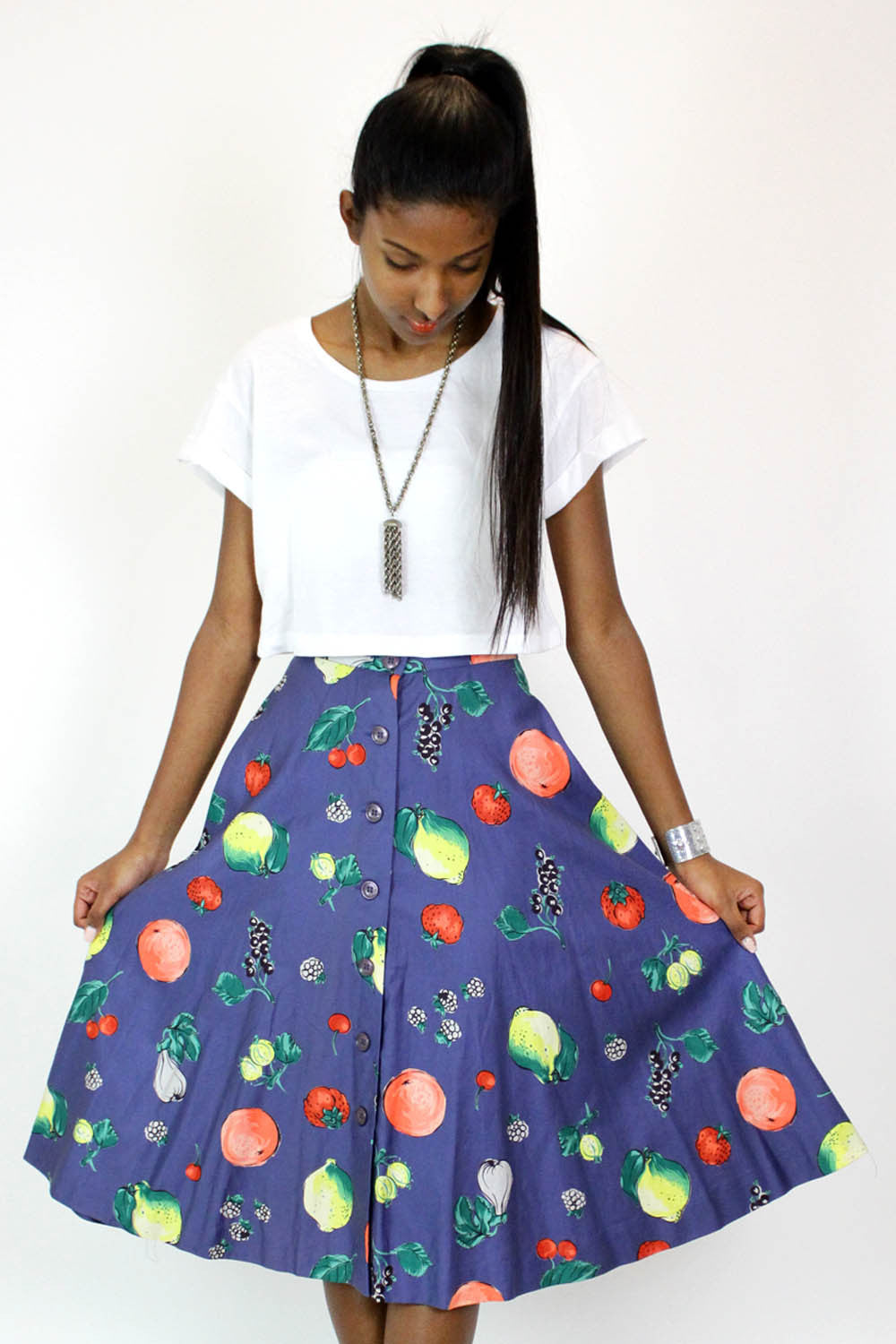 Fresh Fruit Button Flare Skirt XS