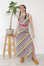 Colorful Stripe Jersey Knit Slit Dress M