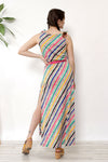 Colorful Stripe Jersey Knit Slit Dress M