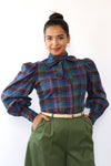 Inky Plaid Puffed Sleeve Blouse M