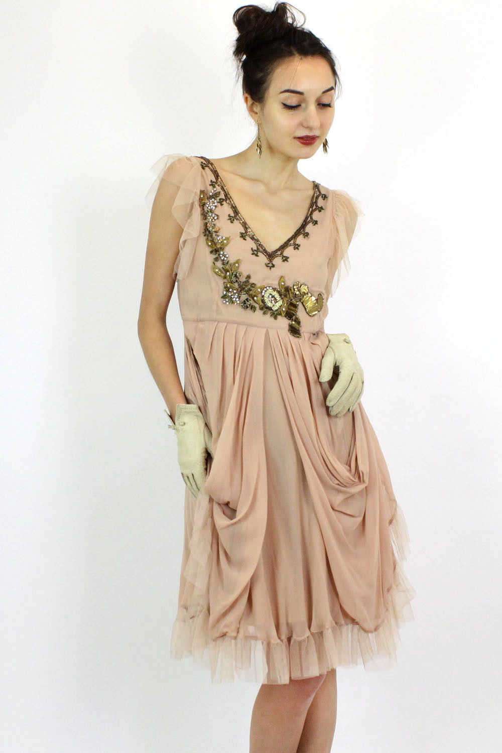 Galliano Blush Silk Embellished Dress