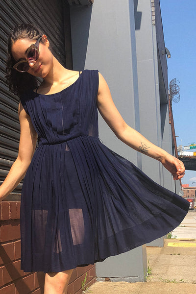 Sheer Navy Pleated Dress S – OMNIA