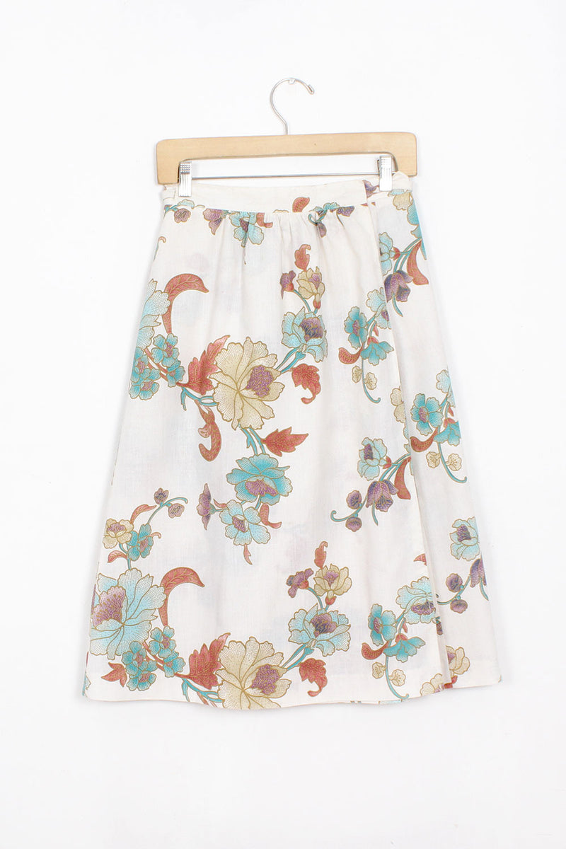 Cream Floral 70s Wrap Skirt