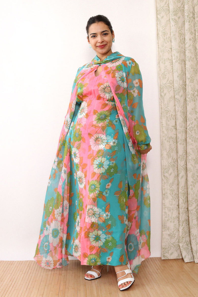 Flower Power Maxi Dress w/ Chiffon Cape L