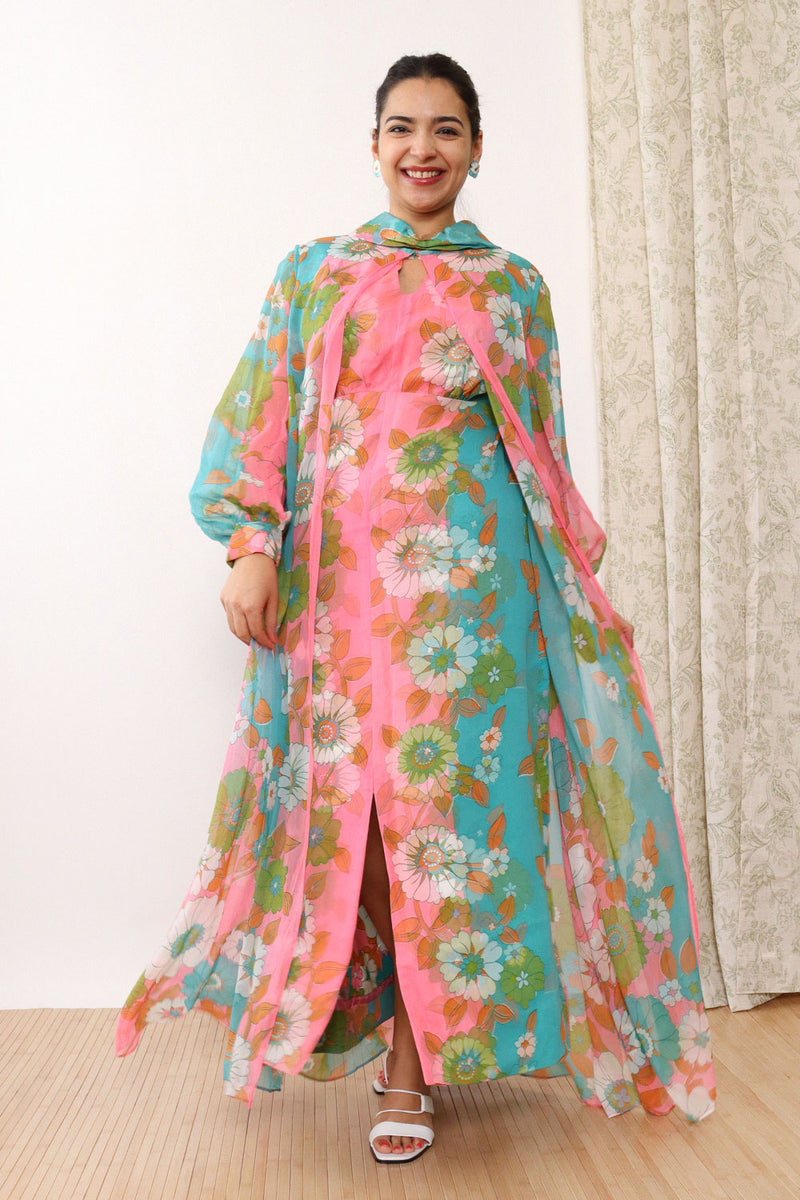 Flower Power Maxi Dress w/ Chiffon Cape L