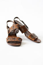 70s Copper & Leather Heeled Sandals 8