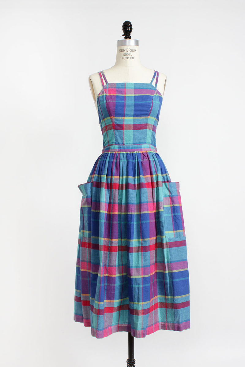 Rainbow Plaid Buttonback Dress S