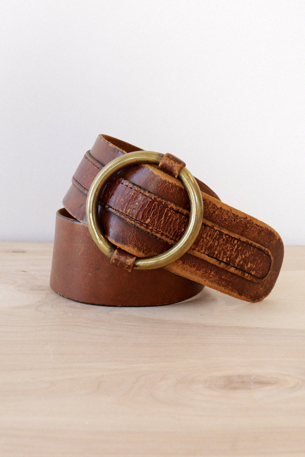 Ralph Lauren Distressed Leather belt brass double ring vintage brown fashion XS unisex