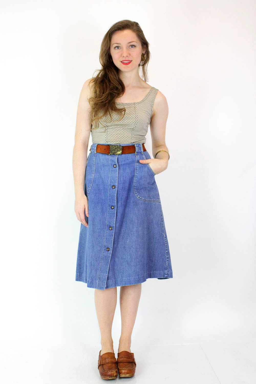 70s Soft Denim Snap Skirt M/L